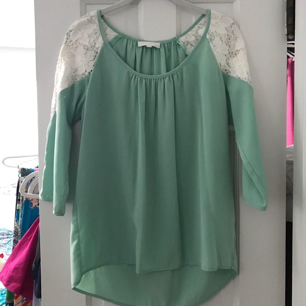 Mint Top with Lace Sleeves